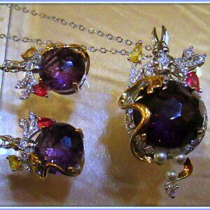 ALEXANDARITE GEM STONE LADIES UNIQUE 14K G FILLED ITALIAN NECKLACE EARRING SET